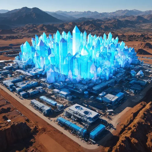 Prompt: Bright blue crystals are creating an enormous power source in a large open land with mountains. There are research facilities bundled together