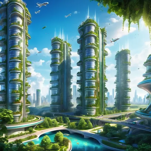 Prompt: Nuclear fusion power plant in a beautiful open city that has a lot of flora in the tall buildings. There are many futuristic flying cars