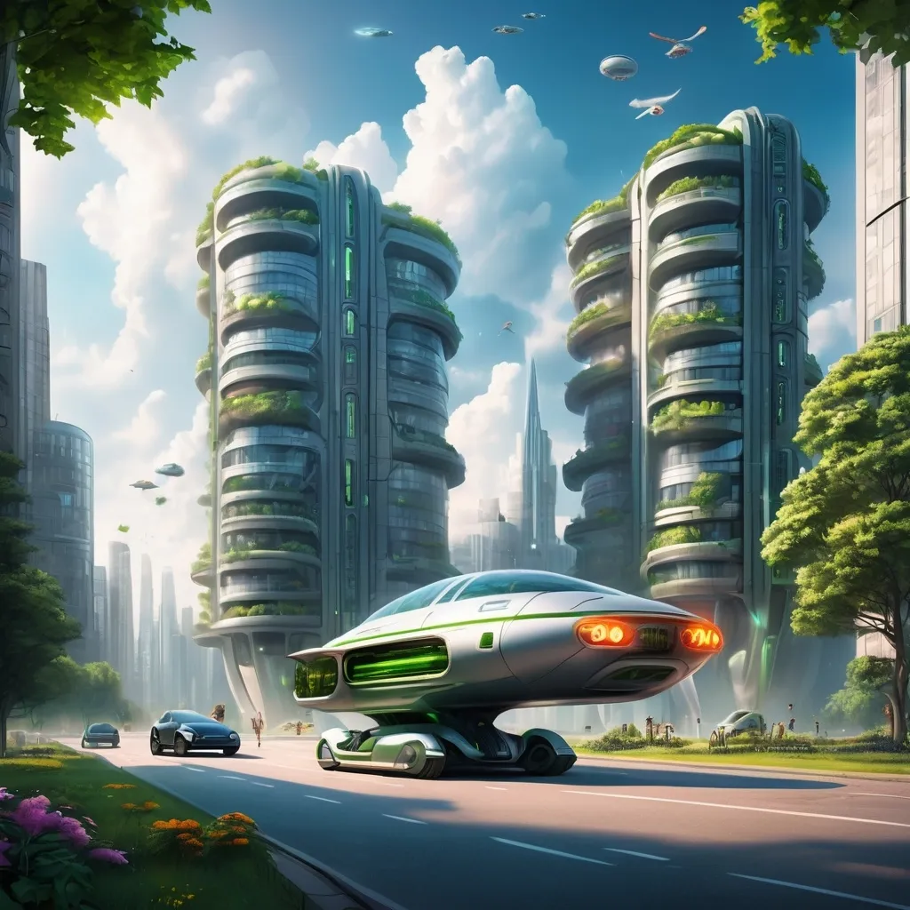 Prompt: Nuclear fusion power plant in a beautiful open city that has a lot of flora in the tall buildings. There are many futuristic flying cars