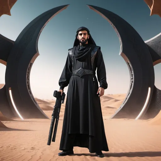 Prompt: an arab man standing in a black clothing with a futuristic weapon in a fantasy background