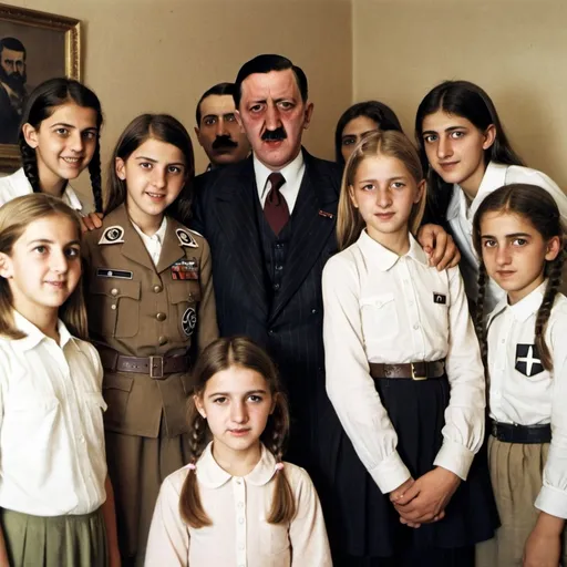 Prompt: Osama bin Laden and Adolf Hitler with girls surrounding them
