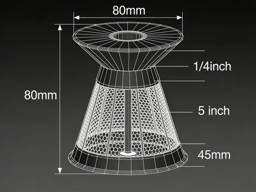 Prompt: help me create a stl file of a cone 90mm high 90mm in diameter at the top tapering down in 5mm step increments to 45mm with a 1/4 " hole down the entire center of the cone and the interior of a mesh or honeycomb to save weight