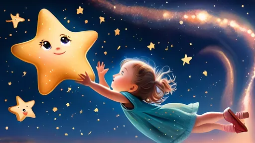 Prompt: A toddler girl is flying and reaching for a star in the galaxy.