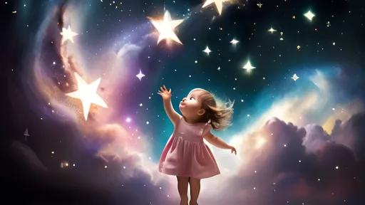 Prompt: A toddler girl is flying and reaching for a star in the galaxy.