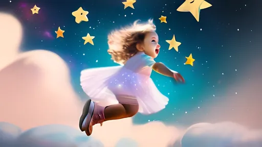 Prompt: A toddler girl is flying and reaching for a star in the galaxy.