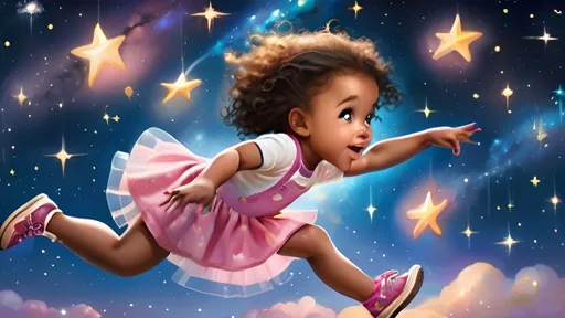 Prompt: A african american toddler girl is flying and reaching for a star in the galaxy.