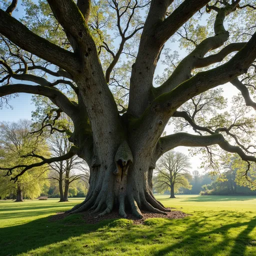 Prompt: A gnarly oak tree in the spring time
