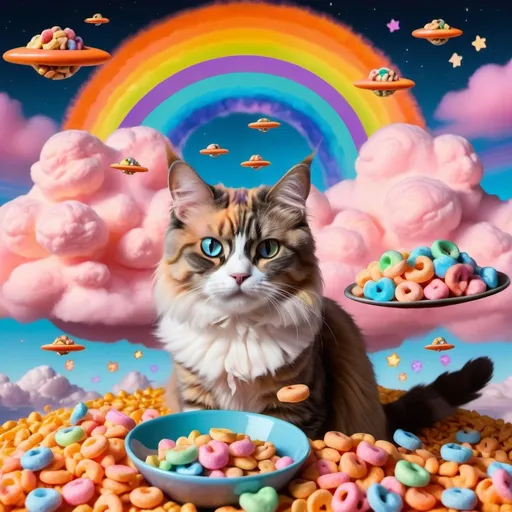 Prompt: Cat made out of orange and pink fluffy clouds like cotton candy and a rainbow nebula of lucky charms cereal in the background with the ufo it arrived in from its fluffy cat planet
