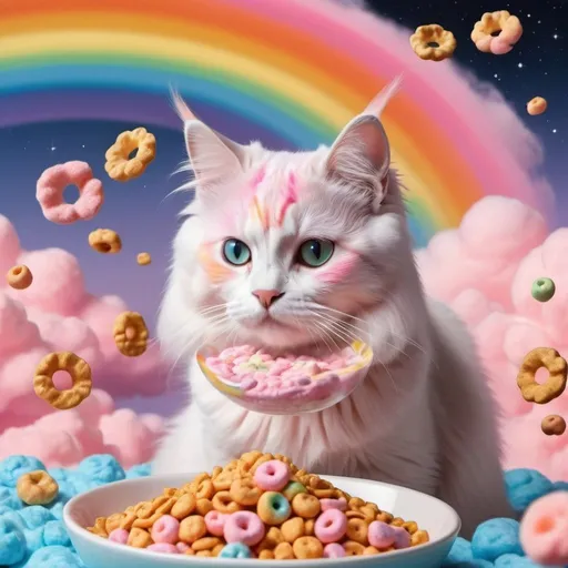 Prompt: Cat made out of orange and pink fluffy clouds like cotton candy and a rainbow nebula of lucky charms cereal in the background with the ufo it arrived in from its fluffy cat planet