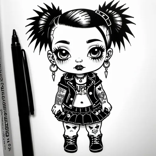 Prompt: Black and white pen drawing of a Cupie doll in punk rock style clothing with piercings and tattoos
