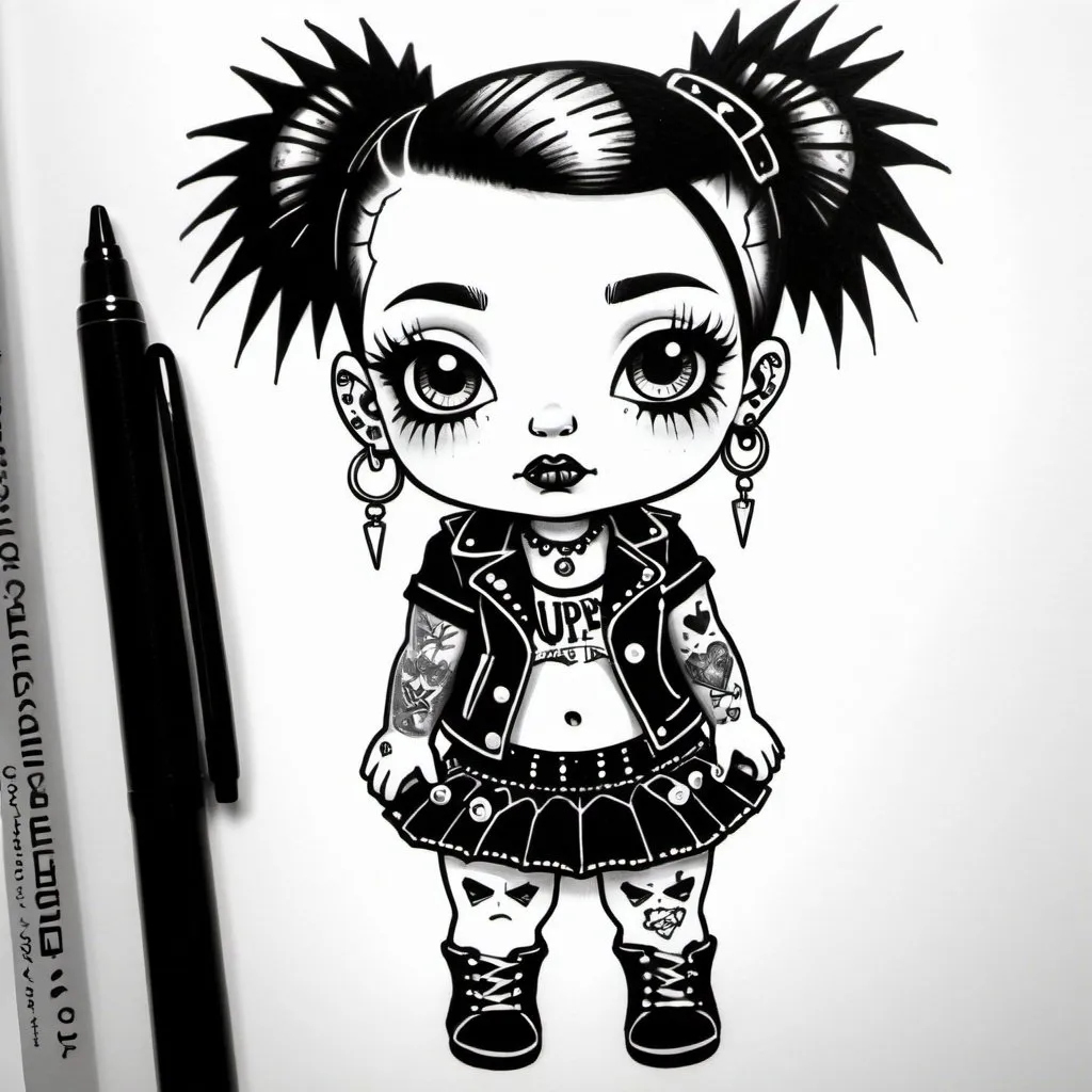 Prompt: Black and white pen drawing of a Cupie doll in punk rock style clothing with piercings and tattoos
