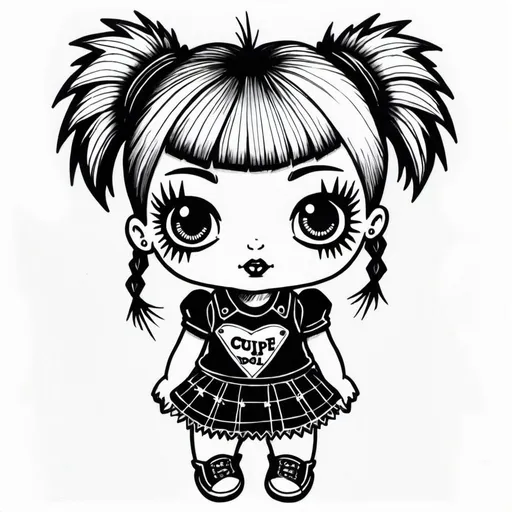 Prompt: Black and white pen drawing of a Cupie doll in punk rock style
