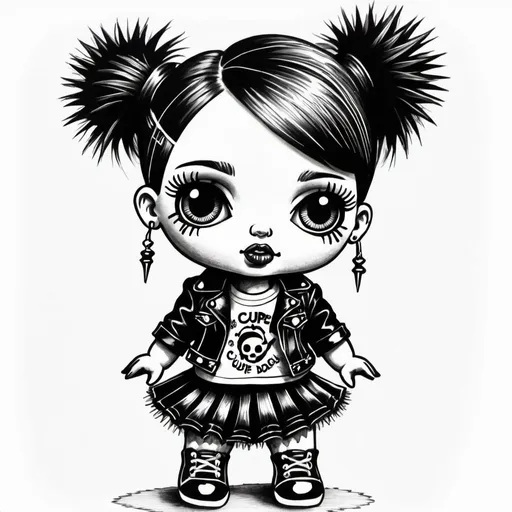 Prompt: Black and white pen drawing of a Cupie doll in punk rock style

