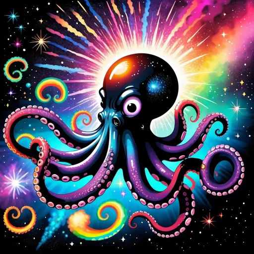 Prompt: A black hole in outer space with a psychedelic Octopus being sucked into it and the pressure of the  octopus being condensed into the black hole is causing explosions like glittery rainbow fireworks
