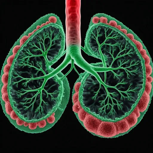 Prompt: Lung with cancer cells ( green ) and T cells (red) top of the figure ,with black background