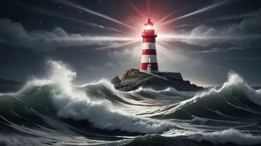 Prompt:  ultra-realistic lighthouse on a beautiful night but with strong waves hitting its base, the lighthouse has white and red colors with diagonal stripes