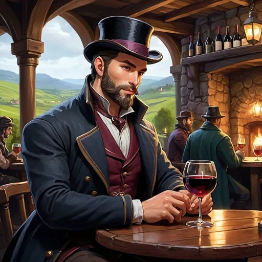 Prompt: DnD fantasy art, inside a tavern background, Character design dnd character, high detailed of a man, short hair, short beard, with coat,  and tophat IN HEAD, a glass of wine in front, DARK COLORS, detailed DnD inside a tabern landscape in background, dark colors, high quality, epic fantasy, traditional art, high quality details