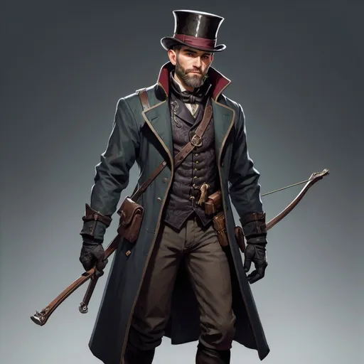 Prompt: dnd character, high detailed of a man, short hair, short beard, havy crossbow in his back, with coat and tophat IN HEAD, dark colours