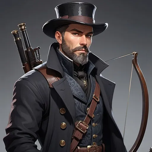 Prompt: dnd character, concept art, high detailed of a man, short hair, short beard, heavy crossbow in his SHOLDER, with coat and tophat IN HEAD, DARK COLORS, LIVE A DRAW STYLE