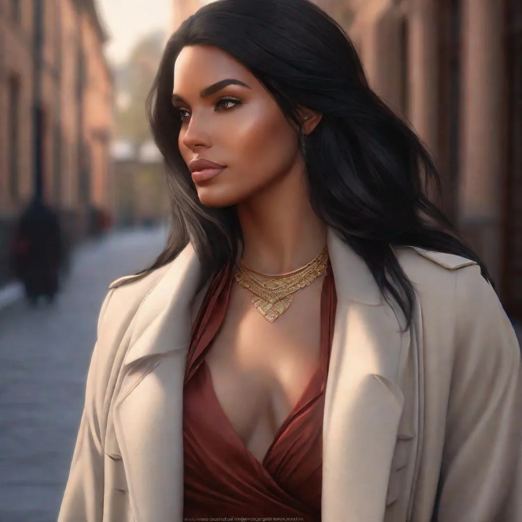 Prompt: full body, castlevania style pretty woman with long coat; brown skin, black hair with side bangs; full lips; grey eyes,  highly detailed, digital painting, artstation, hyperrealistic, sharp focus, illustration, art by artgerm and greg rutkowski and alphonse mucha, 8k, pretty eyes, award-winning cgi, blender, headshot