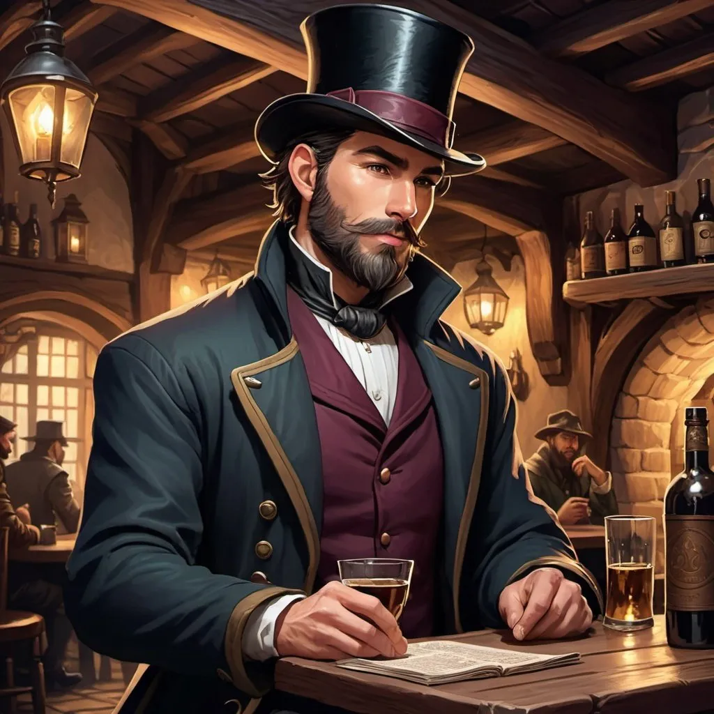 Prompt: DnD fantasy art, inside a tavern background, Character design dnd character, high detailed of a man, short hair, short beard, with coat,  and tophat IN HEAD, DARK COLORS, detailed DnD inside a tabern landscape in background, dark colors, high quality, epic fantasy, traditional art, high quality details