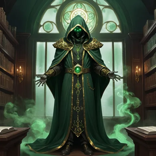 Prompt: DND RPG style, full body, cosmic body, down view, A hooded cult leader floating male genestealer, , cloak made of dark green smoke with multiple eyes, dark green smoke thrown, golden ornate outfit, cleavage library window, dark green robes, golden jewelry rpg digital art style