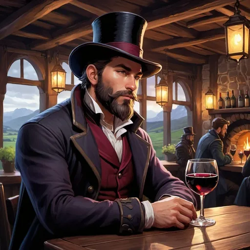 Prompt: DnD fantasy art, inside a tavern background, Character design dnd character, high detailed of a man, short hair, short beard, with coat,  and tophat IN HEAD, a glass of wine in front, DARK COLORS, detailed DnD inside a tabern landscape in background, dark colors, high quality, epic fantasy, traditional art, high quality details