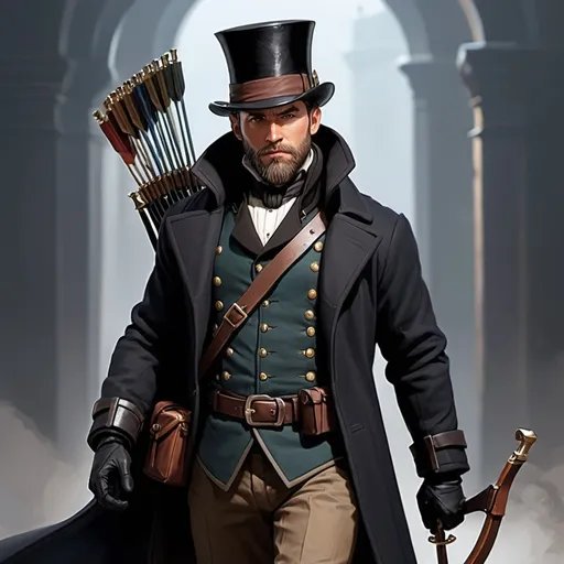 Prompt: dnd character, high detailed of a man, short hair, short beard, heavy crossbow in his back, with coat and tophat IN HEAD, dark colours
