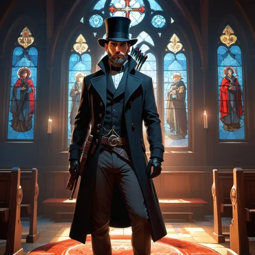 Prompt: dnd character, high detailed of a man, short hair, short beard, giant crossbow in back, with coat and tophat, dark colours, surrounded by shadows in face, in a church, stain glass windows ((style of Ravenloft, Ilya Kuvshinov)), full body, highly detailed, digital painting, artstation, hyperrealistic, sharp focus, illustration, art by artgerm and greg rutkowski and alphonse mucha, 8k, pretty eyes, award-winning cgi, blender, headshot