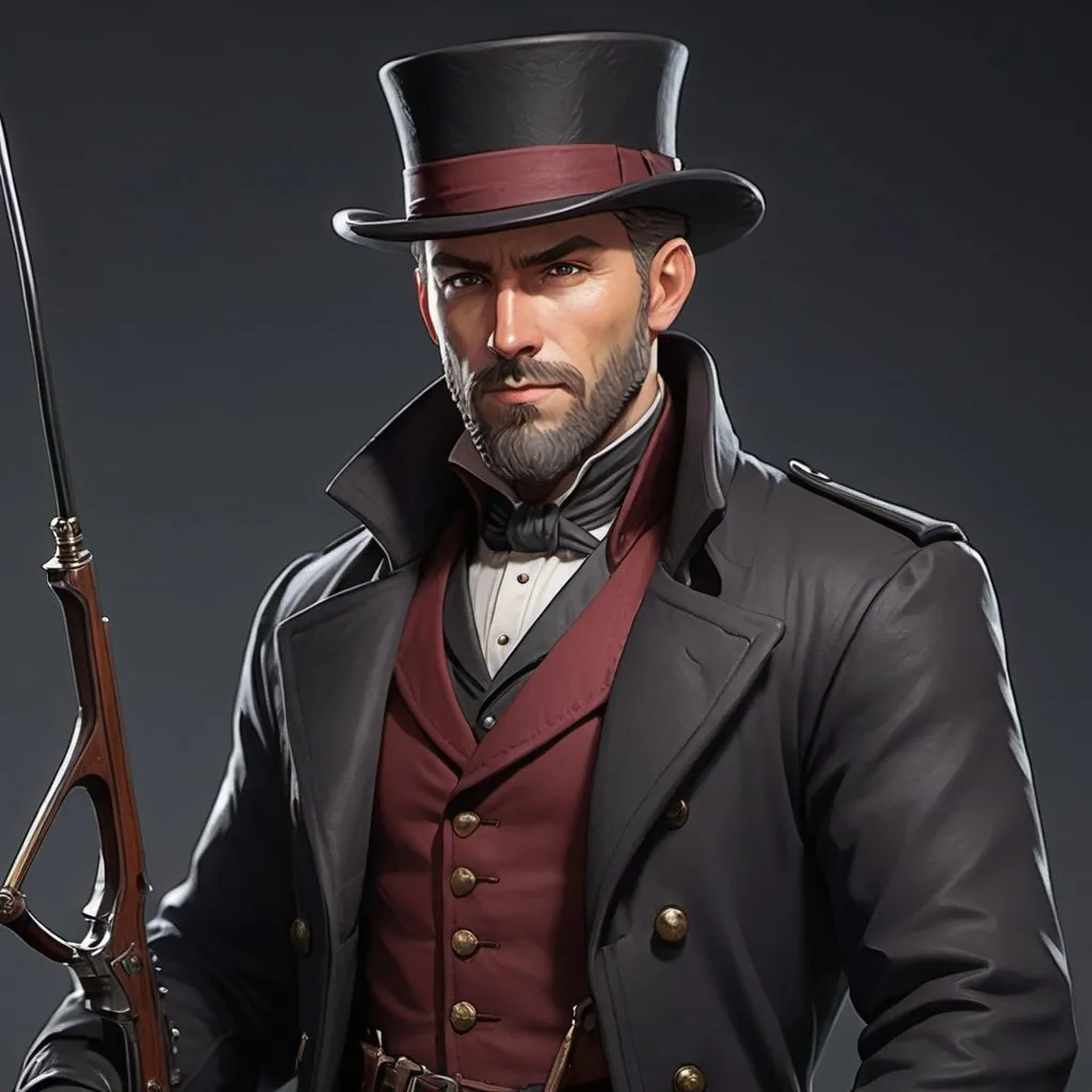 Prompt: dnd character, high detailed of a man, short hair, short beard, heavy crossbow in his SHOLDER, with coat and tophat IN HEAD, DARK COLORS