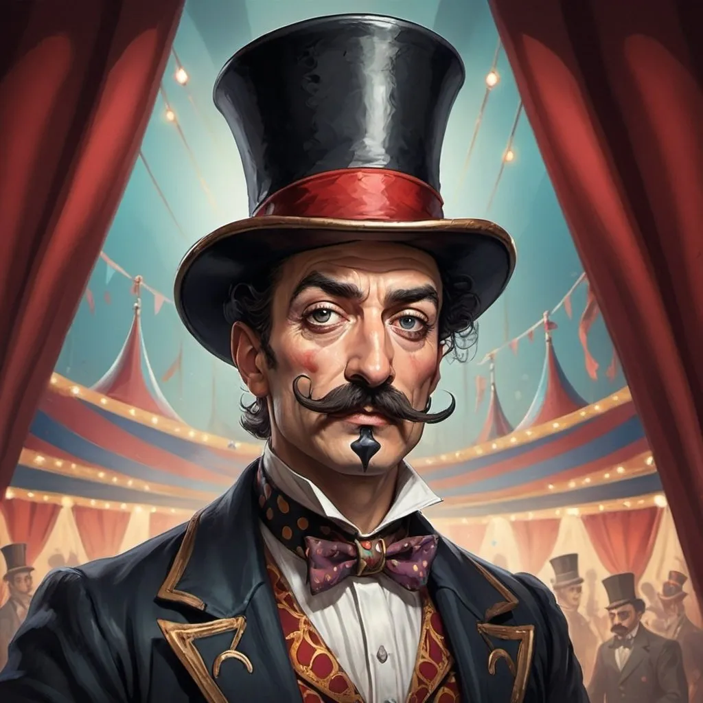 Prompt: dnd character, concept art, high detailed of a man circus presenter with a tophat, a mustache salvadori dali style, in a circus background