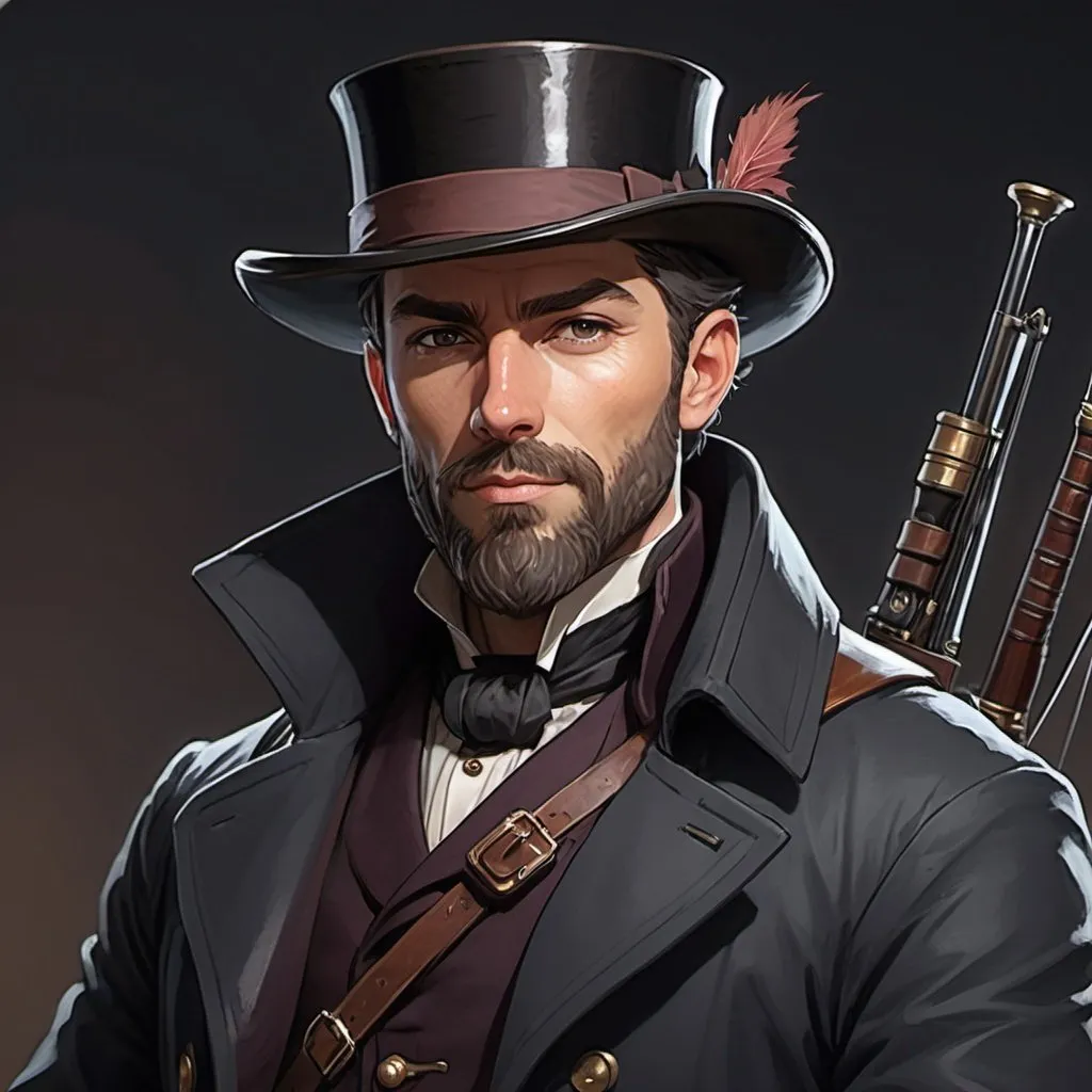 Prompt: dnd character, high detailed of a man, short hair, short beard, heavy crossbow in his SHOLDER, with coat and tophat IN HEAD, DARK COLORS, LIVE A DRAW STYLE