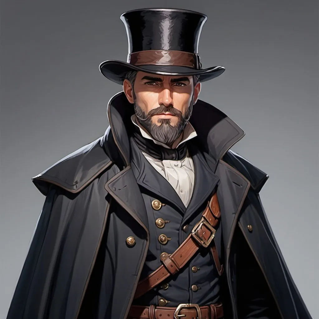 Prompt: dnd character, high detailed of a man, short hair, short beard, heavy crossbow in his SHOLDER, with coat and tophat IN HEAD, DARK COLORS, LIVE A DRAW STYLE