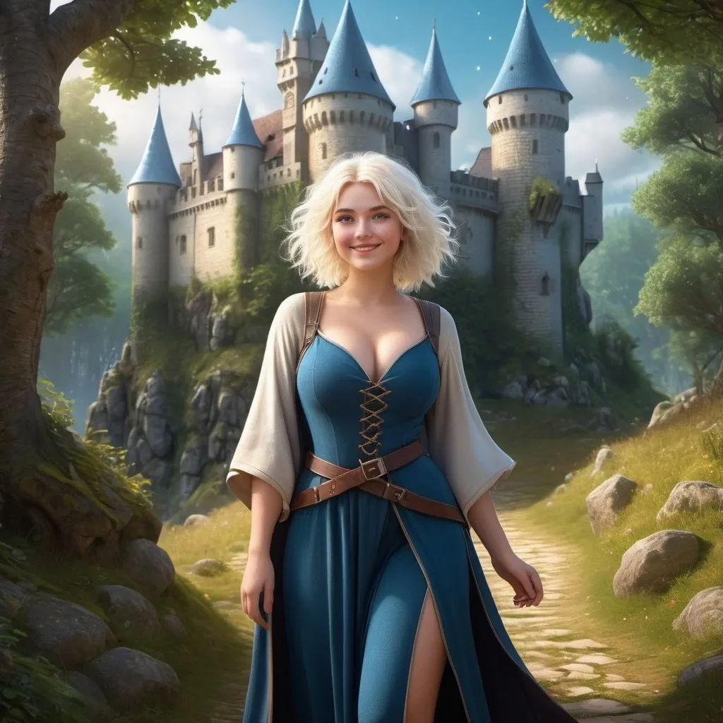 Prompt: full body realistic curvy  magical wizard woman, short Messy hair, bright white blonde hair, cute and friendly smile, blue eyes, standing tall in a mystical forest, dimples, freckles, shy, innocent, medieval castle in the background, highres, ultra-detailed, fantasy, magical, mystical forest, cute and friendly, detailed eyes, medieval castle, atmospheric lighting