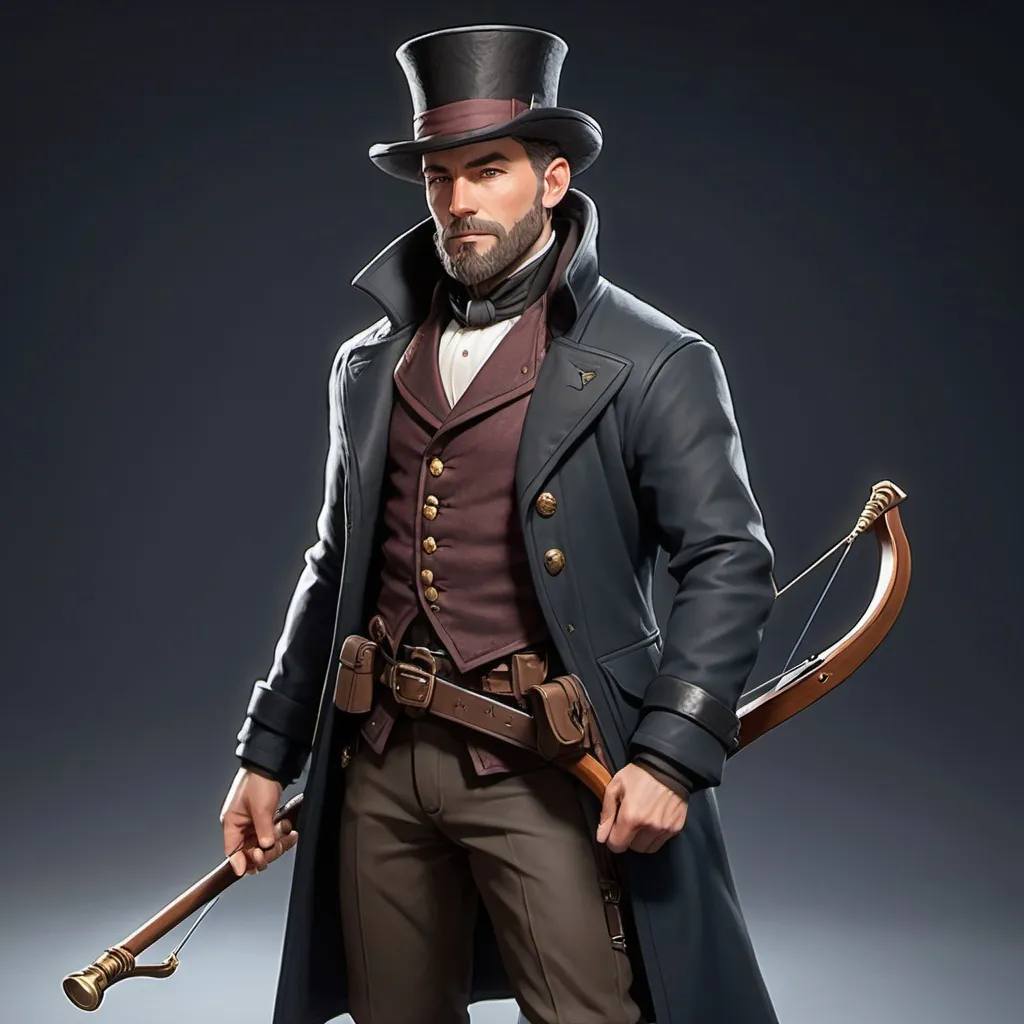 Prompt: dnd character, high detailed of a man, short hair, short beard, heavy crossbow in his back, with coat and tophat IN HEAD, dark colours