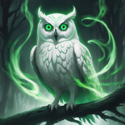 Prompt: ghostly white owl, two big green eyes, green ghostly swirls all around , masterpiece, Character Design art. Concept Art. Digital Art. 4k HD. Trending on artstation. 