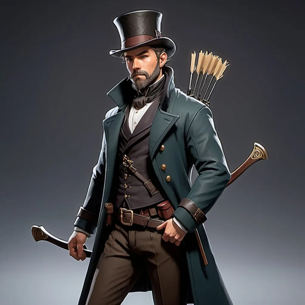 Prompt: dnd character, high detailed of a man, short hair, short beard, havy crossbow in his back, with coat and tophat IN HEAD, dark colours