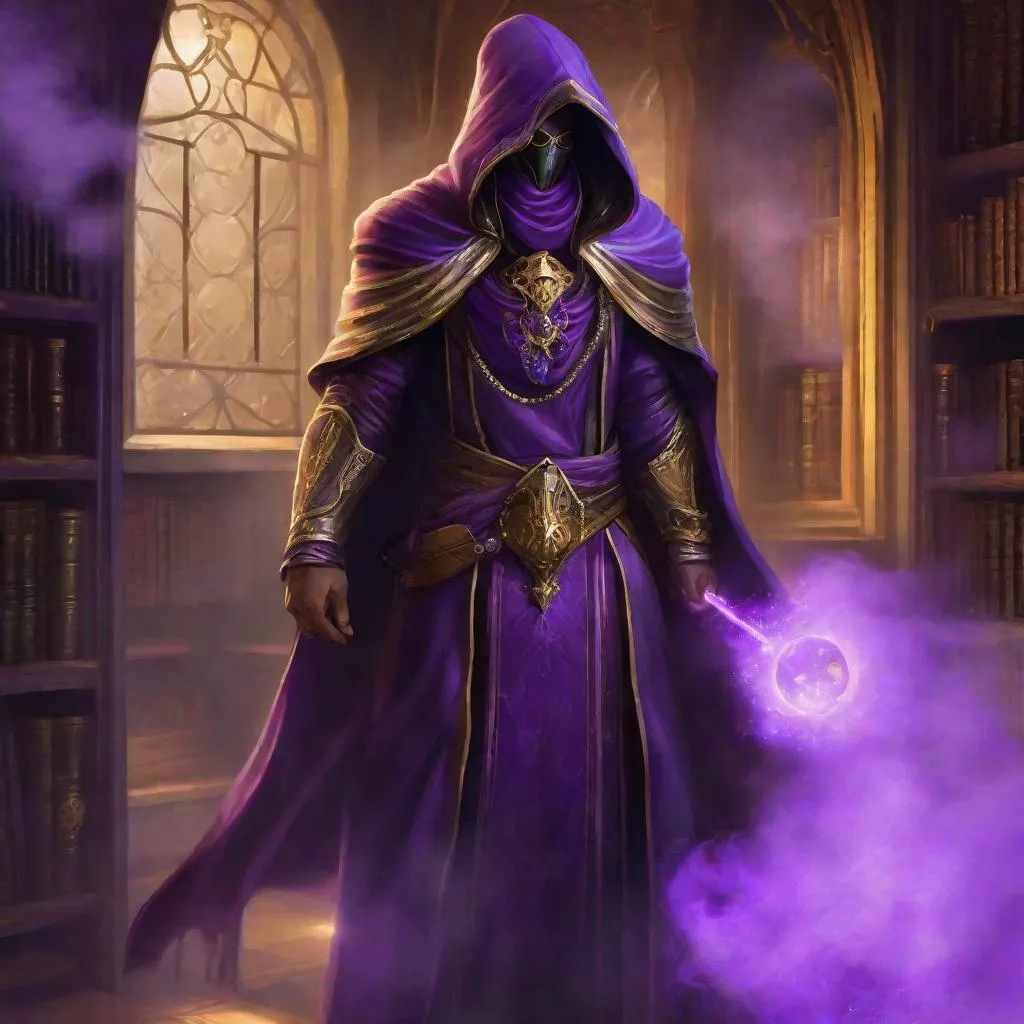 Prompt: A male genestealer hooded cult leader, full face golden mask, cloack made of purple smoke(((handsome))), Perfect Arms, cast purple smoke, Skimpy Outfit, Cleavage library Window, Purple Robes, golden Jewelry, Elder Scrolls Online, 