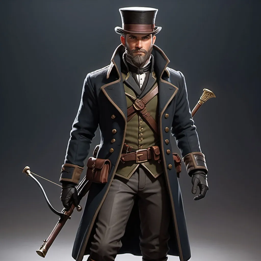 Prompt: dnd character, high detailed of a man, short hair, short beard, heavy crossbow in his back, with coat and tophat IN HEAD, dark colours