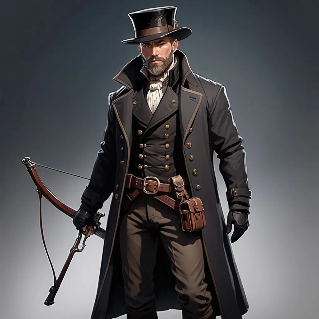 Prompt: dnd character, concept art, high detailed of a man, short hair, short beard, heavy crossbow in his SHOLDER, with coat and tophat IN HEAD, DARK COLORS, LIVE A DRAW STYLE