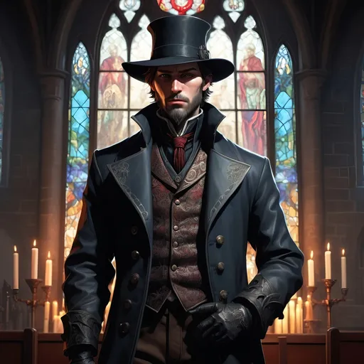 Prompt: dnd character, high detailed of a man, short hair, short beard, fantasy revolver, with coat and tophat, with religious iconography, style of Bloodborne, dark colours, surrounded by shadows in face, in a church, stain glass windows, Digital painting of a Large bestial man with a coat with religious iconography, style of Bloodborne, dark colours, surrounded by shadows in a church, stain glass windows ((style of Ravenloft, Ilya Kuvshinov)), full body, highly detailed, digital painting, artstation, hyperrealistic, sharp focus, illustration, art by artgerm and greg rutkowski and alphonse mucha, 8k, pretty eyes, award-winning cgi, blender, headshot