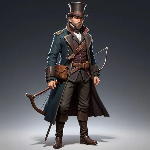 Prompt: dnd character, high detailed of a man, short hair, short beard, havy crossbow in his back, with coat and tophat IN HEAD, dark colours