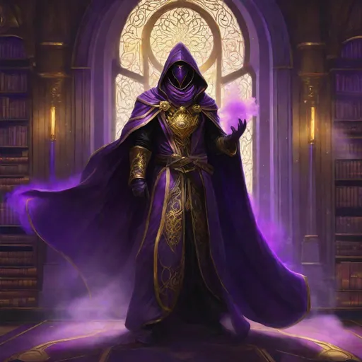 Prompt: full body, down view, A male genestealer hooded cult leader, full face golden mask, cloack made of purple smoke(((handsome))), Perfect Arms, cast purple smoke, golden Ornated Outfit, Cleavage library Window, Purple Robes, golden Jewelry, Elder Scrolls Online, 