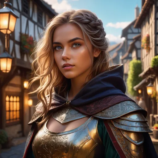 Prompt: masterpiece, splash art, ink painting, beautiful pop idol, D&D fantasy, (25 years old) lightly tanned-skinned human girl, ((beautiful detailed face and large eyes)), determined expression, medium length hazel hair, serious expression looking at the viewer, wearing detailed splint armor and a dark cloak in a tavern #3238, UHD, hd , 8k eyes, detailed face, big anime dreamy eyes, 8k eyes, intricate details, insanely detailed, masterpiece, cinematic lighting, 8k, complementary colors, golden ratio, octane render, volumetric lighting, unreal 5, artwork, concept art, cover, top model, light on hair colorful glamourous hyperdetailed medieval city background, intricate hyperdetailed breathtaking colorful glamorous scenic view landscape, ultra-fine details, hyper-focused, deep colors, dramatic lighting, ambient lighting god rays, flowers, garden | by sakimi chan, artgerm, wlop, pixiv, tumblr, instagram, deviantart