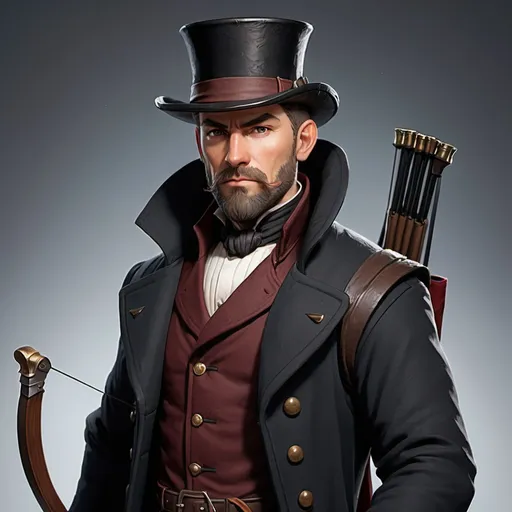 Prompt: dnd character, high detailed of a man, short hair, short beard, heavy crossbow in his SHOLDER, with coat and tophat IN HEAD, dark colours