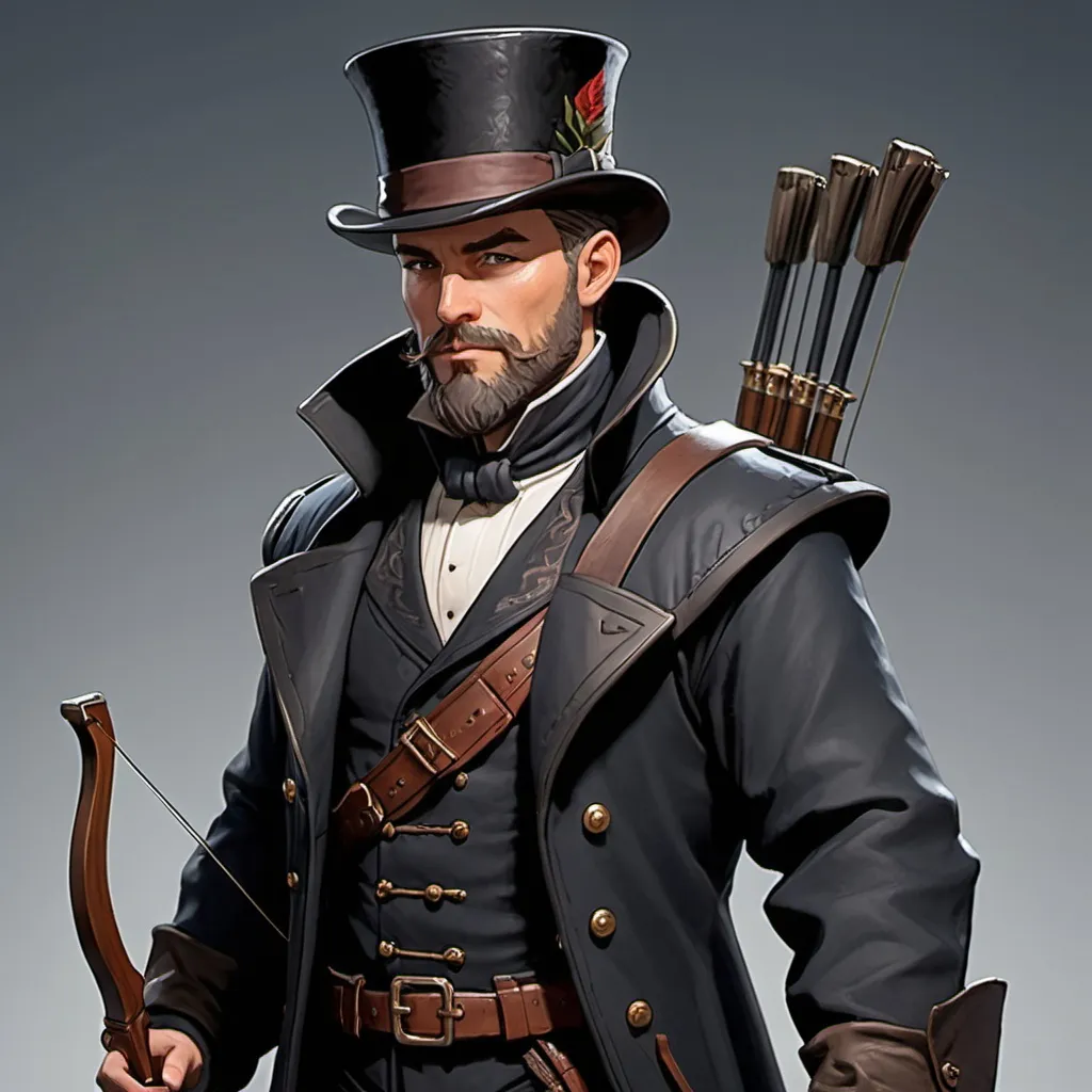 Prompt: dnd character, high detailed of a man, short hair, short beard, heavy crossbow in his back, with coat and tophat IN HEAD, dark colours