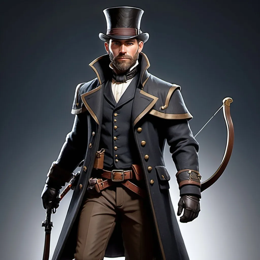 Prompt: dnd character, high detailed of a man, short hair, short beard, heavy crossbow in his back, with coat and tophat IN HEAD, dark colours