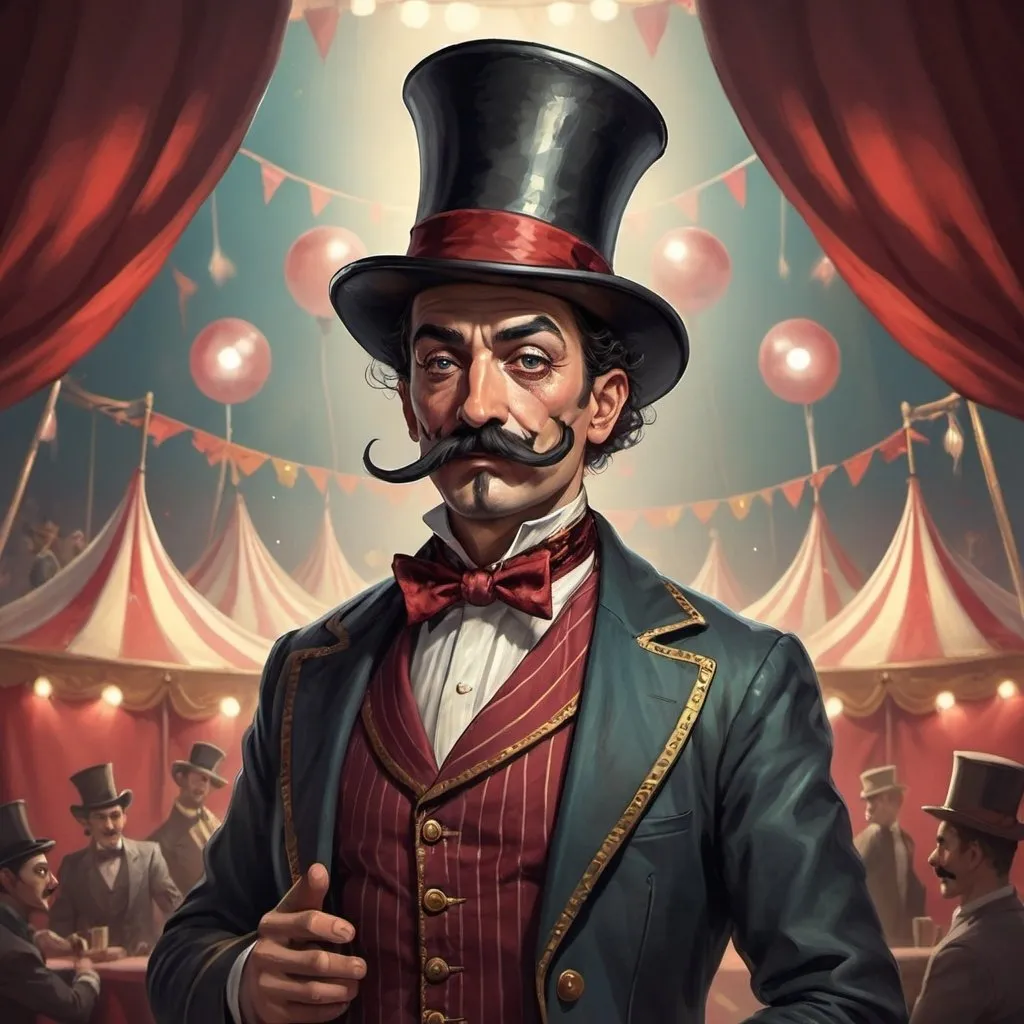 Prompt: dnd character, concept art, high detailed of a man circus presenter with a tophat, a mustache salvadori dali style, in a circus background