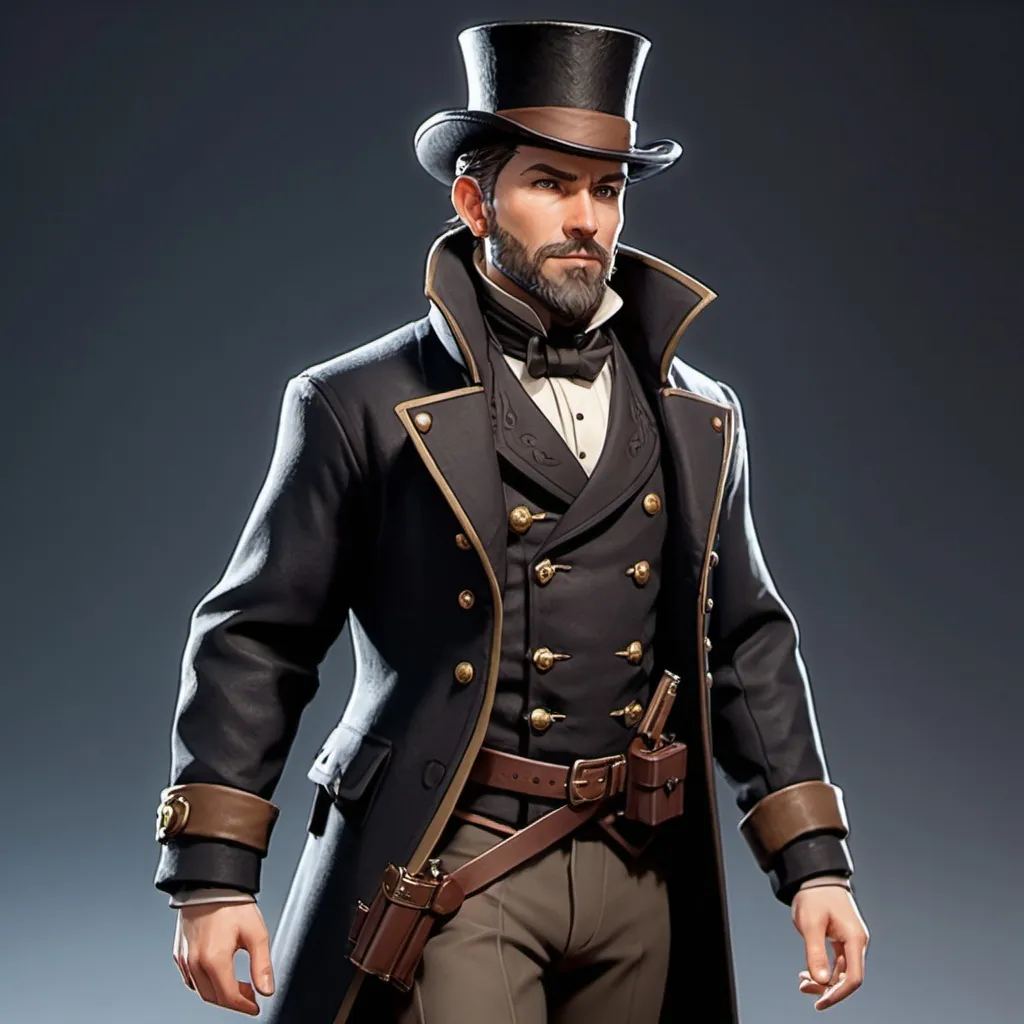 Prompt: dnd character, high detailed of a man, short hair, short beard, havy crossbow in his back, with coat and tophat IN HEAD, dark colours