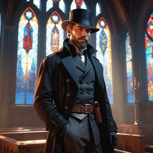 Prompt: dnd character, high detailed of a man, short hair, short beard, giant crossbow in back, with coat and tophat, dark colours, surrounded by shadows in face, in a church, stain glass windows ((style of Ravenloft, Ilya Kuvshinov)), full body, highly detailed, digital painting, artstation, hyperrealistic, sharp focus, illustration, art by artgerm and greg rutkowski and alphonse mucha, 8k, pretty eyes, award-winning cgi, blender, headshot